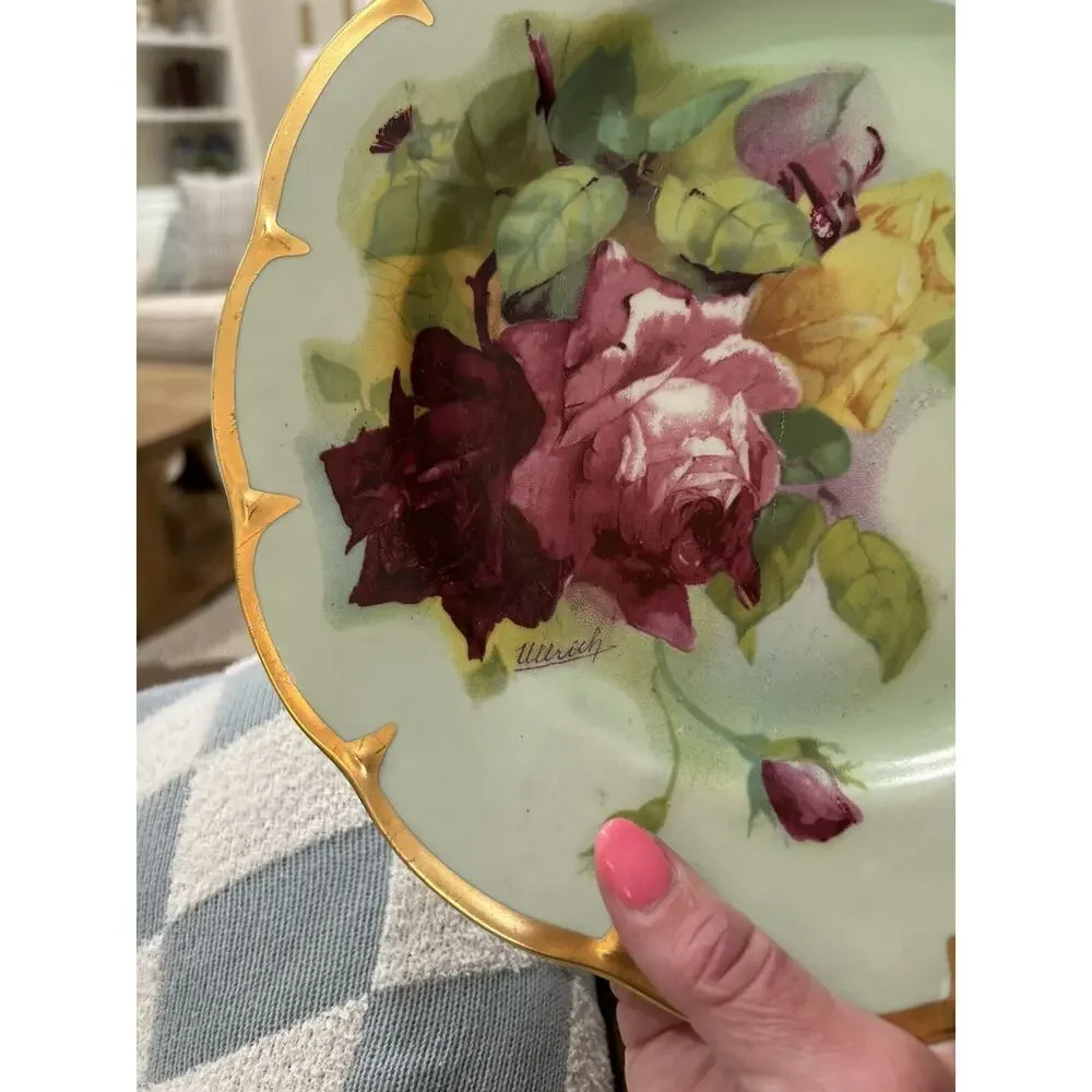 Vtg Porzellan Imperial Set of 2 Dinner Plates Mint green‎ Pink Roses by Ullrich